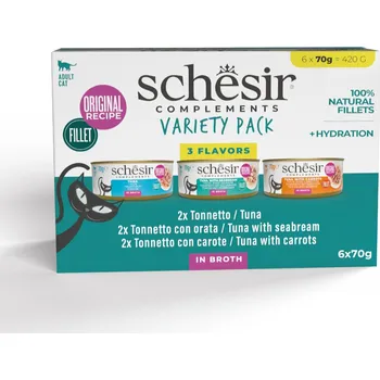 Krmivo pro kočku Výhodné balení: 24×70 g Schesir Complements ve vývaru míchané balení (3 druhy) vlhké krmivo pro kočky