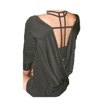 Taneční dámský volný top s holými zády a dlouhým rukávem č.TP069 Černá S