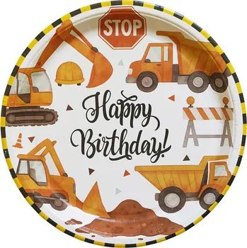 Party nádobí PAPÍROVÉ TALÍŘKY 23 CM VESELÉ NAROZENINY STAVBA VOZIDLA 6 KS