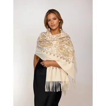 Šála Classic Scarf Vyšívaná kašmírová šála barva slonoviny - přírodně světle béžová se zlatou bordurou