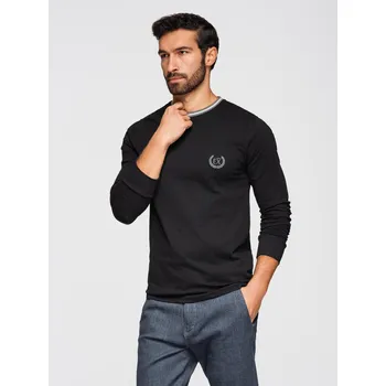 Pánské tričko Pánské bavlněné tričko s dlouhým rukávem, pruhovaným výstřihem do U a výšivkou - černé V4 OM-LSCL-0128 - XL