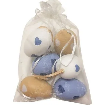 Velikonoční dekorace Vajíčka se srdíčky plastová na zavěšení 6 cm, 6 ks v organze