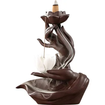 Keramický stojan na vonné kužely s padajícím dýmem ruce s lekníny