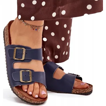 Dámská obuv NAZOUVÁKY NA KORKOVÉ PLATFORMĚ, DVA NASTAVITELNÉ POPRUHY, PŘEZKY, TMAVĚ MODRÉ, VELIKOST 40