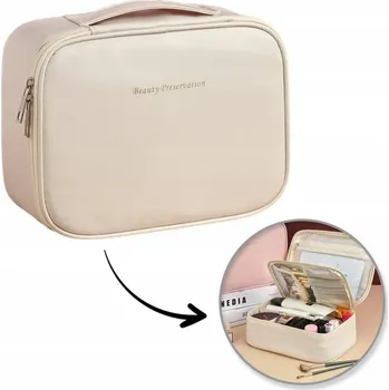 Kosmetická taška Rozkládací kosmetická taštička elegantní kufřík pouzdro z ekokůže, krémová KS146K