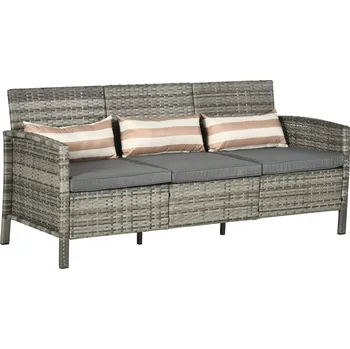 Zahradní pohovka Třímístná zahradní ratanová pohovka Outsunny s polštáři, ocelový rám, šedá barva, 173 x 68 x 78 cm, ideální na terasu a balkon |