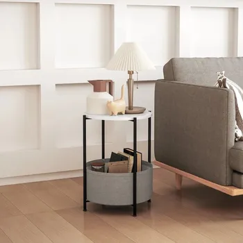 Konferenční stolek Konferenční stolek s látkovým košem, 44 x 44 x 56 cm | šedý + bílý