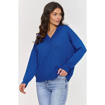 Dámské oblečení Klasický viskózový svetr s výstřihem do V S158 Barva: Modrá, Velikost: ONE SIZE