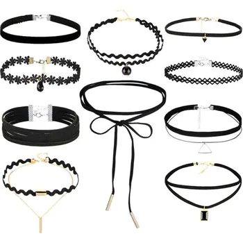 Náhrdelník Camerazar Černá sada 10 kusů choker náhrdelníků s krajkovým páskem