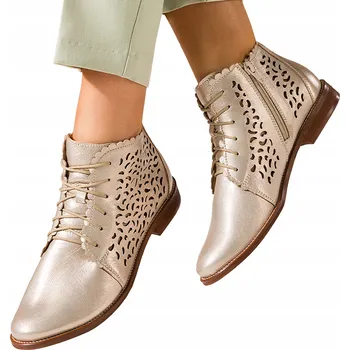 Dámská obuv Dámské kotníkové boty Kožené Jarní Zlaté Prolamované Šněrovací Český výrobek vel. 38