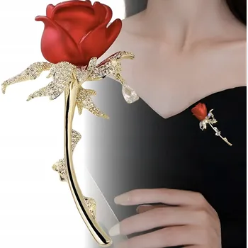 Brož Zlatá brož s červenými zirkony - květina růže, elegantní ozdobná spona ve tvaru květu