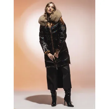 LOCO LUXO 100 cm - Luxusní dámský péřový kabát s kapucí a liškou 34
