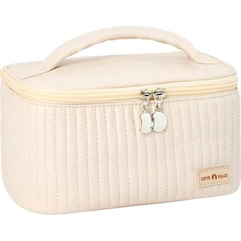 Elegantní Světlá Čtvercová Kosmetická Taška z kvalitní umělé kůže, Béžová, 21x12x13,5 cm