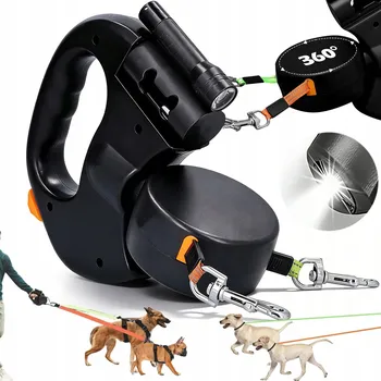 Vodítko pro psa Wielofunkcyjna automatyczna smycz pro dva psy, kočky s baterkou