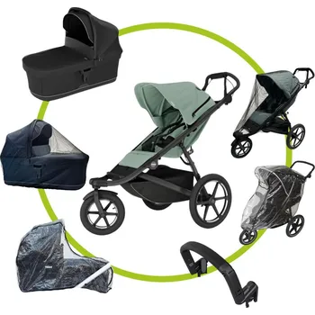 Dětské zboží Akční set Thule Urban Glide 3 Mist Green + korba + pláštěnka Emitex + madlo Thule + pláštěnka na korbu Emitex+ univerzální moskytiéra na korbu a sporťák