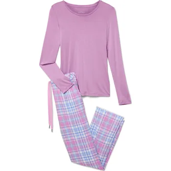 Dámské noční prádlo 719317 - Tchibo - Pyžamo s tkanými kalhotami - pro ženy - vel. XS 32/34 - barva: růžová/kostkovaný