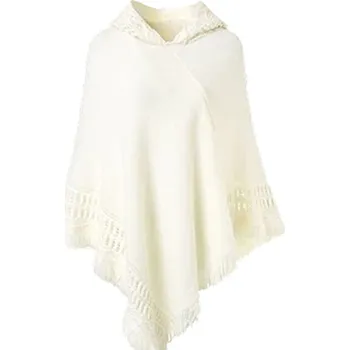 Dámské pončo Pončo dámské s kapucí třásněmi a zdobením Bílé