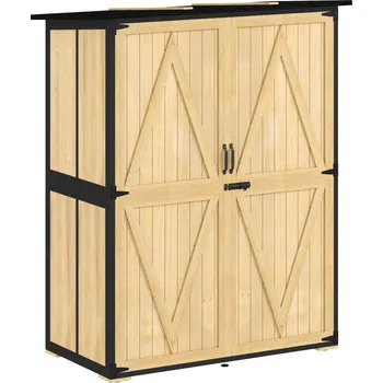 Zahradní skříň Zahradní skříňka Outsunny ze dřeva a oceli, venkovní skříňka na nářadí s asfaltovou střechou, 2 police, uzamykatelné dveře, přírodní dřevo