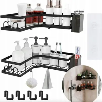 Drátěná police 2x Rohová závěsná koupelnová polička do sprchy, černá, styl loft, bez vrtání