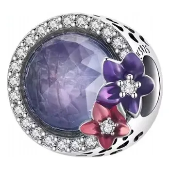 Přívěsek Charms s lesklým lila kamenem beads lilie, přívěsek stříbro s925