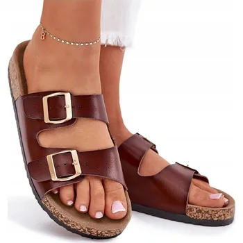 Dámská obuv NAZOUVÁKY DÁMSKÉ KORKOVÉ PANTOFLE NA PLATFORMĚ S PŘEZKAMI Z EKO KŮŽE HNĚDÉ 40