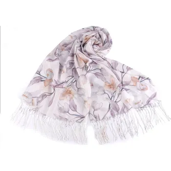 Šátek Letní šátek / šála s třásněmi květy 70x180 cm - 1 krémová nejsvět. fialová