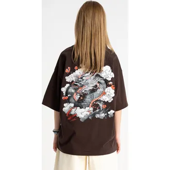 Dívčí tričko Reporter Young | Dívčí hnědé tričko OVERSIZE s potiskem japonského draka na zádech - Barva HNĚDÁ, Velikost 164 261-0440G-02-720-1