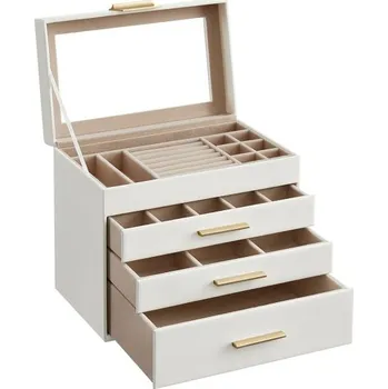 Toaletní stolek Bílá šperkovnice se skleněným víkem a 4 zásuvkami