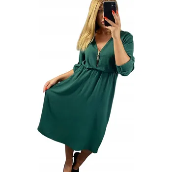 Dámské šaty V659 ŠATY S ŠATY NA ZIP, HLADKÉ ZELENÉ vel. 50 (5XL)