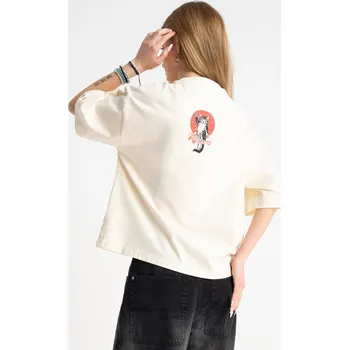 Reporter Young | Dívčí krémové BOXY tričko s japonským motivem kočky a kapra koi na zádech - Barva KRÉMOVÁ, Velikost 164 261-0440G-04-250-1