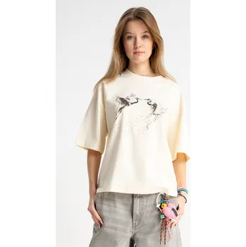 Dívčí tričko Reporter Young | Dívčí krémové BOXY tričko s potiskem japonských jeřábů na přední straně - Barva KRÉMOVÁ, Velikost 158 261-0440G-06-250-1