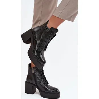 Dámské kozačky Lakované kožené dámské boty na platformě a podpatku Vinceza 66817 Barva: Černá, Velikost: 37