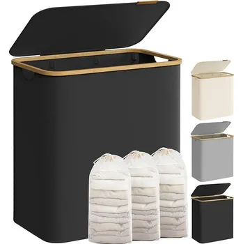 Koš na prádlo Koš na prádlo 150L se 3 přihrádkami, černý, bambusový rám