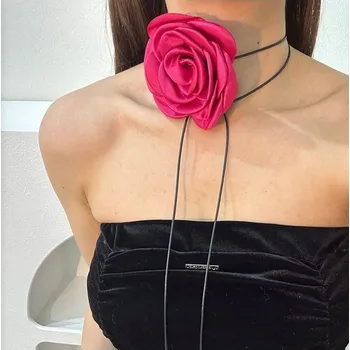 Náhrdelník Náhrdelník choker XL s ozdobnou květinou, růže na krk na řemínku, elegantní Fuchsia (Fuchsiová)