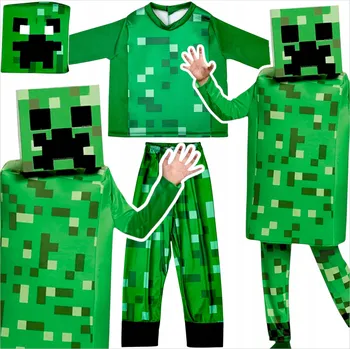 Karnevalový kostým KOSTÝM PRO CHLAPCE Z PIXELOVÉ HRY PIXELOVÝ KOSTÝM ZELENÝ MUŽ KOMPLET CREEPY