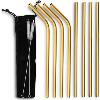 Víceúčelové nápojové a koktejlové slámy z nerezové oceli s kartáčky a obalem TADAR GOLD (11 ks.)