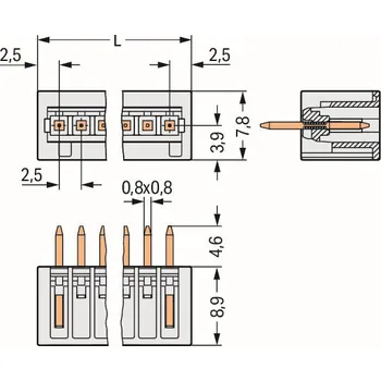 Elektrický konektor WAGO Konektor 733-333 s pájecími piny THT Pájecí kontakt 0,8 × 0,8 mm Rovné provedení, šedá 733-333