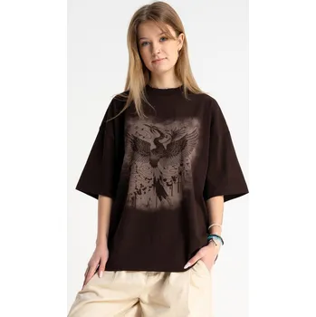 Reporter Young | Dívčí hnědé OVERSIZE tričko s japonským potiskem fénixe vpředu - Barva HNĚDÁ, Velikost 164 261-0440G-03-720-1