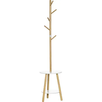 Věšák HOMCOM Věšák na kabáty Věšák s 5 háčky a bočním stolkem, výška 171 cm, přírodní+bílá| Aosom