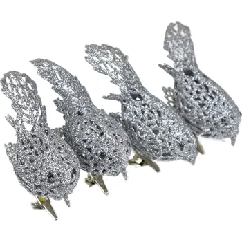 Vánoční dekorace Ptáček s klipem stříbrný třpytivý 4,7x10,5 cm, set 4 ks