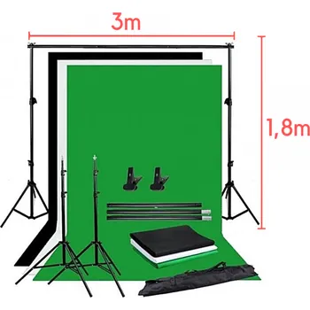 Fotoateliérová technika Sada 3x Plátno Fotopozadí Fotografické Pozadí 1,6 x 3 m + Konstrukce se stativy 2 x 1,8 m Polypropylenová plátna