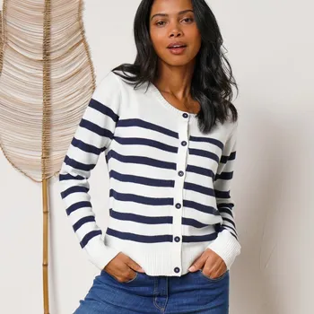 Dámský svetr Pruhovaný svetr na knoflíky režná/nám.modrá 50