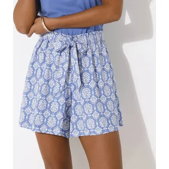 Dámské kraťasy Vzdušné široké šortky s mašlí v pase a s potiskem modrá/režná 36