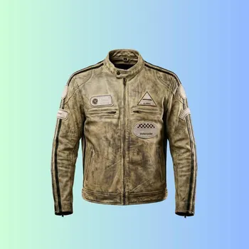 Moto oblečení RYINZ Army Béžová Kožená Moto Bunda – CE Level 2 Chrániče, Retro Styl, Vyjímatelná Vložka, Odběr Kladno - XXL