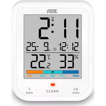 Hodiny Koupelnové hodiny s teploměrem a vlhkoměrem ADE 9 x 11,5 x 2,5 cm, bílé
