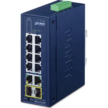 Switch Planet IFGS-1222TF průmyslový L2 switch, 8x 10/100TX, 2x 1Gb, 2x 1Gb SFP, -40~75°C, 9-48VDC, IP30, fanless, RING