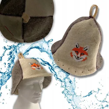 ČEPICE DO SAUNY - SAUNOVÝ KLOBOUK 100% VLNA s Liškou ve světle-tmavé barvě