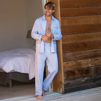 Pánské pyžamo Blancheporte Pruhované pyžamo, bavlněný popelín nebeská modrá 107/116