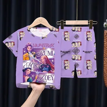 Dívčí pyžamo KPop Demon Hunters (Lovkyně démonů) KPop Demon Hunters dívčí letní pyžamo s potiskem Barva: fialová (DD-LM-PP), Velikost: 16 (138-148 cm)