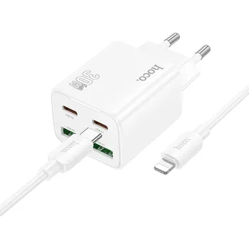 Hoco N56 nabíječka do sítě s výstupem 2x USB-C, 2x USB-A, 30W kabel USB-C / Apple bílá
